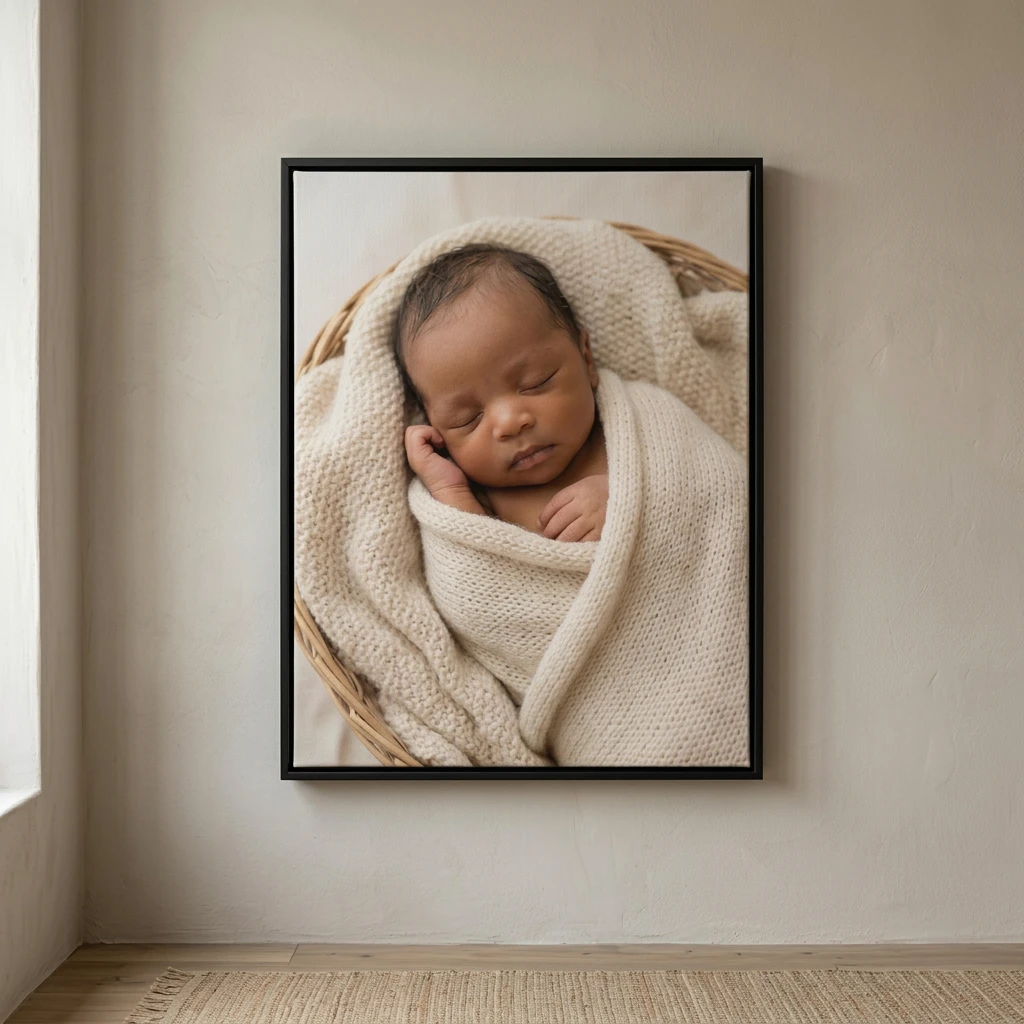 Canvas printing example for Fourways: Newborn and baby printed on a framed canvas, shown complete for Fourways customers, displayed in an elegant black floating frame with a recessed shadow gap