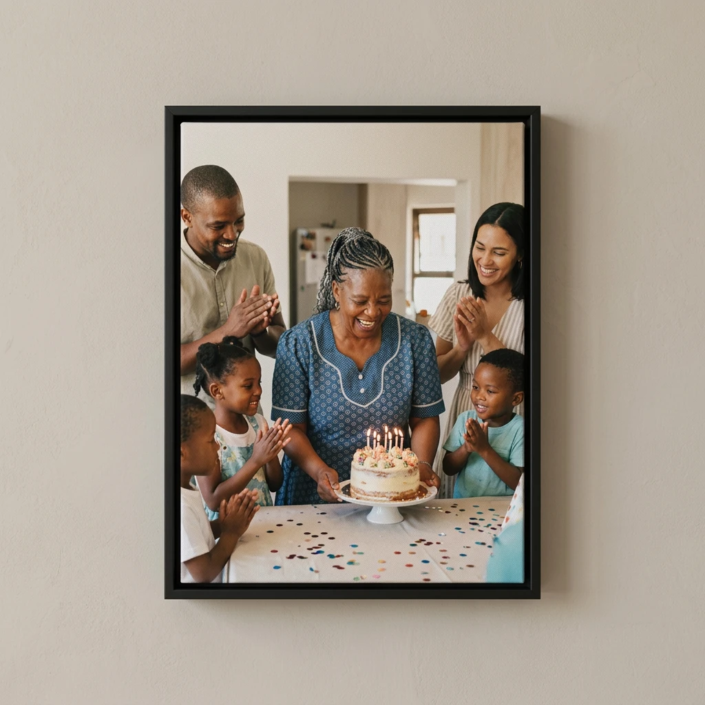 Canvas printing example for Polokwane: Milestone birthday printed on a framed canvas, shown complete for Polokwane customers, displayed in an elegant black floating frame with a recessed shadow gap