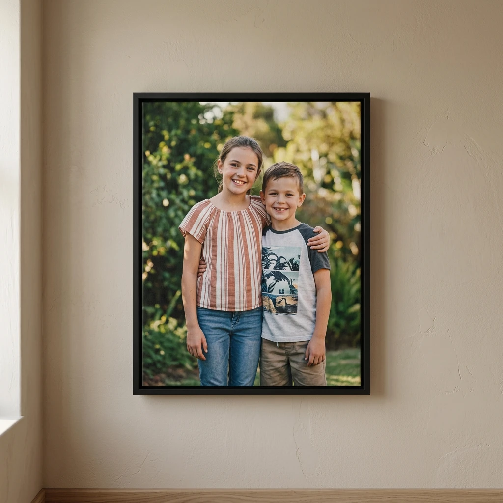 Canvas printing example for Sunninghill: Children over the years printed on a framed canvas, shown complete for Sunninghill customers, displayed in an elegant black floating frame with a recessed shadow gap