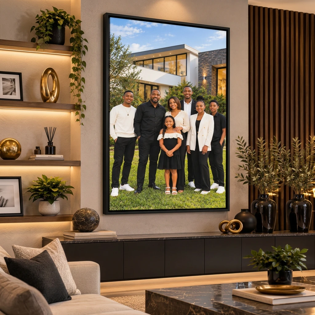 Canvas printing example for Canvas printing locations: Family portrait canvas hanging whole on a gallery wall, displayed in an elegant black floating frame with a recessed shadow gap