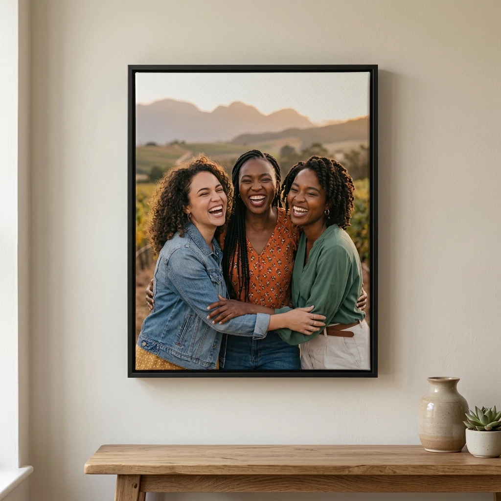 Bridal Shower and Kitchen Tea Gifts canvas printing: Three friends laughing outdoors, displayed on framed canvas, with an elegant black floating frame and visible shadow gap — illustrative example