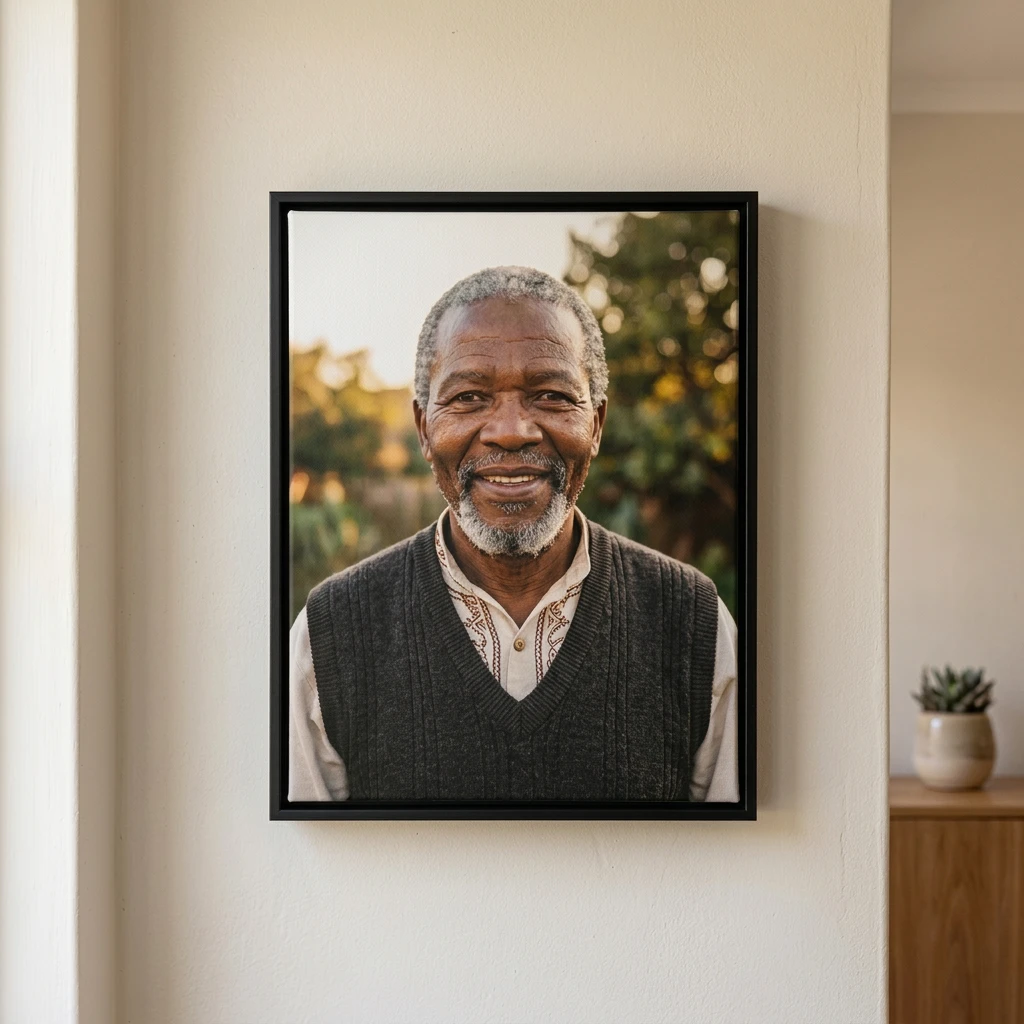 Canvas printing example for Waterkloof: Memorial and tribute printed on a framed canvas, shown complete for Waterkloof customers, displayed in an elegant black floating frame with a recessed shadow gap