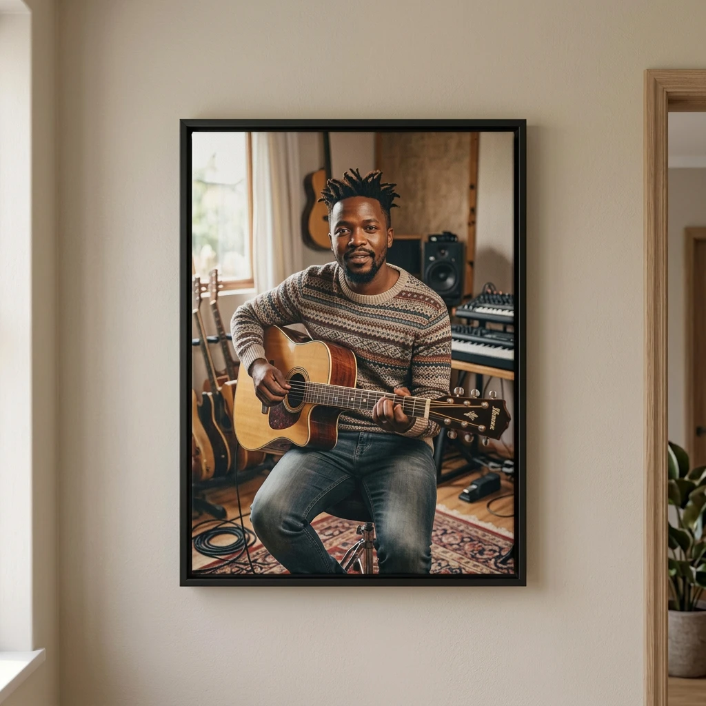 Music and Entertainment canvas printing: Musician with an acoustic guitar printed on framed canvas, with an elegant black floating frame and visible shadow gap — illustrative example