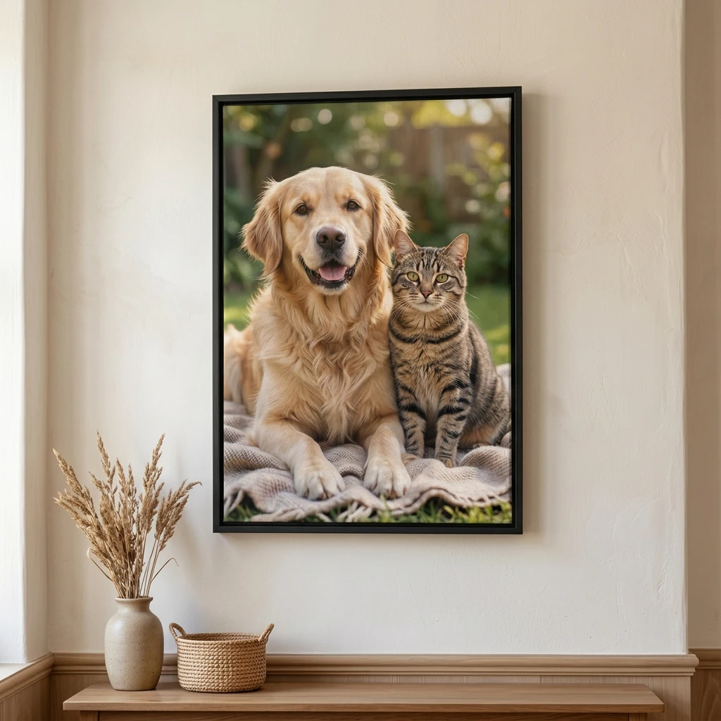 Canvas printing example for Bedfordview: Pet portrait printed on a framed canvas, shown complete for Bedfordview customers, displayed in an elegant black floating frame with a recessed shadow gap