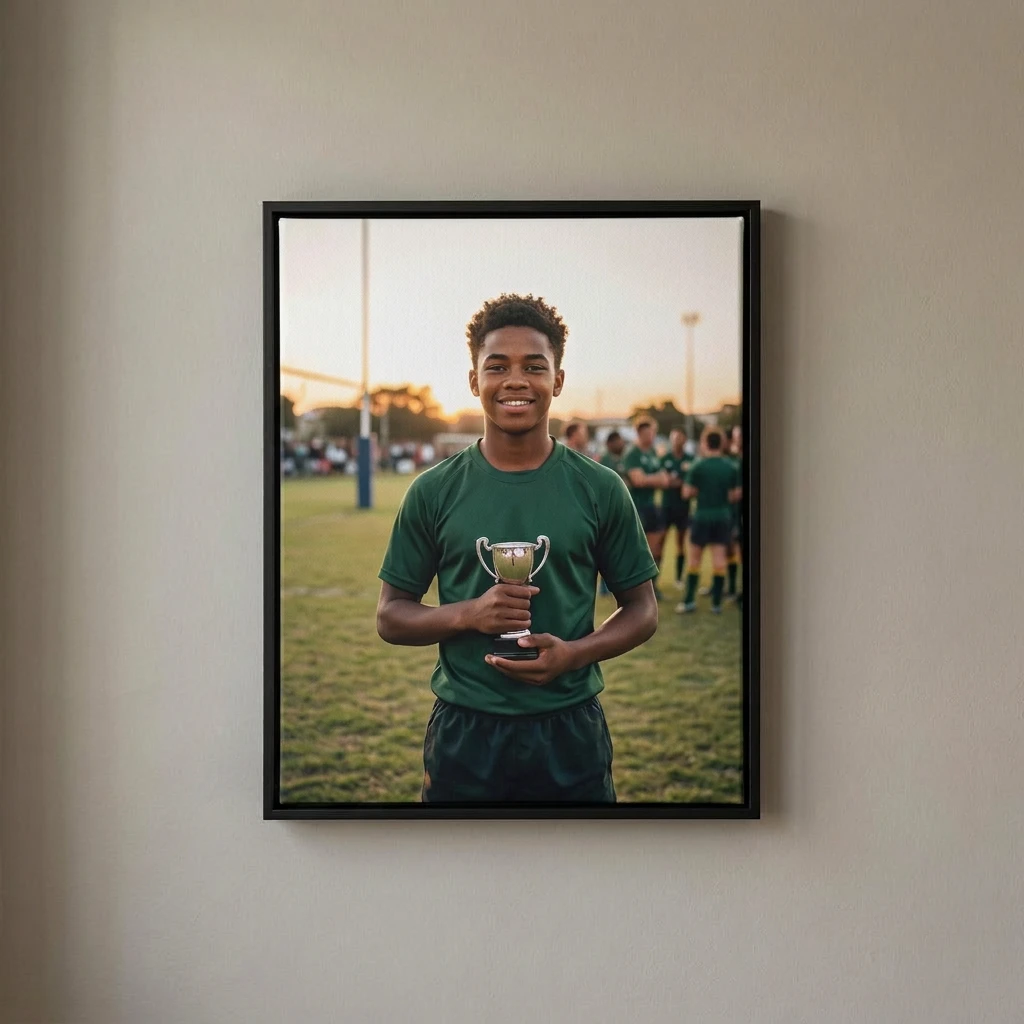 Canvas printing example for North West: Sport and achievement canvas shown whole, as delivered in North West, displayed in an elegant black floating frame with a recessed shadow gap