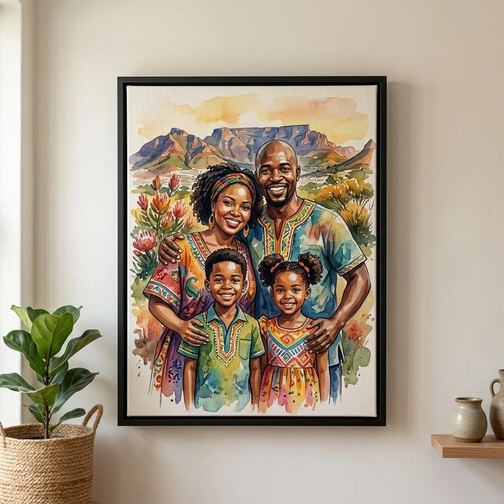 Custom Illustrated and Artistic Portraits canvas printing: Watercolour-style family illustration displayed in a complete canvas frame — illustrative example