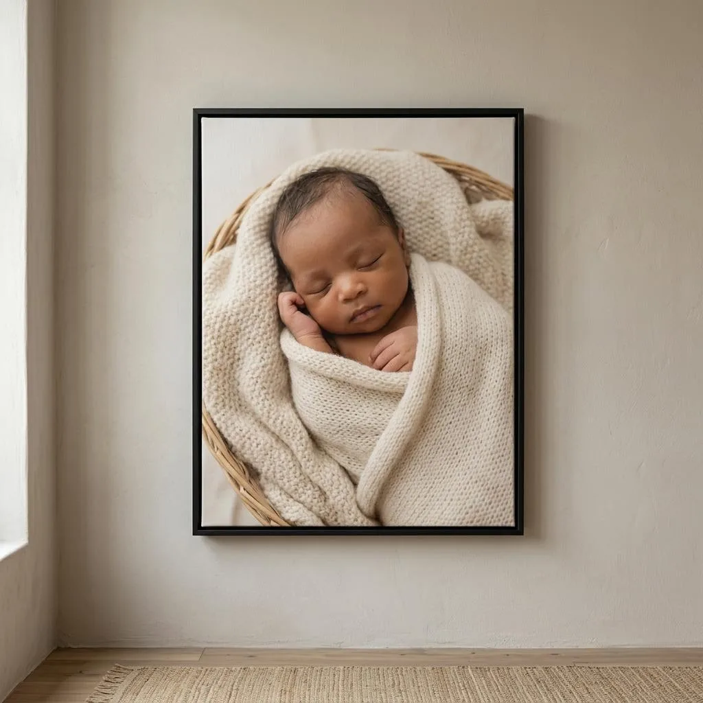 Nursery and Children’s Bedroom Décor canvas printing: Sleeping newborn portrait on a framed canvas with all edges visible — illustrative example