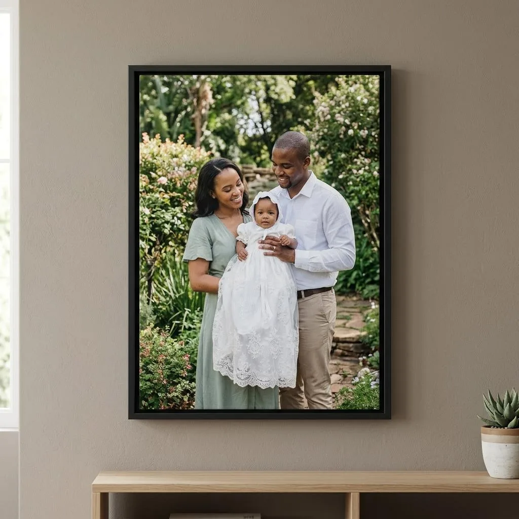 Religious and Inspirational Canvases canvas printing: Parents holding a baby in christening clothes on framed canvas — illustrative example