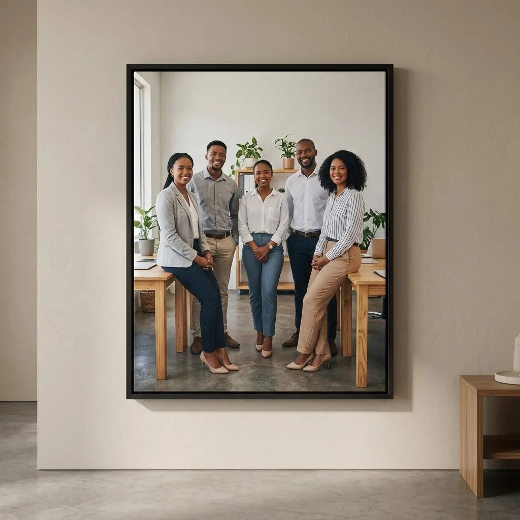 Community and Association Tributes canvas printing: Diverse business team portrait displayed on framed canvas — illustrative example