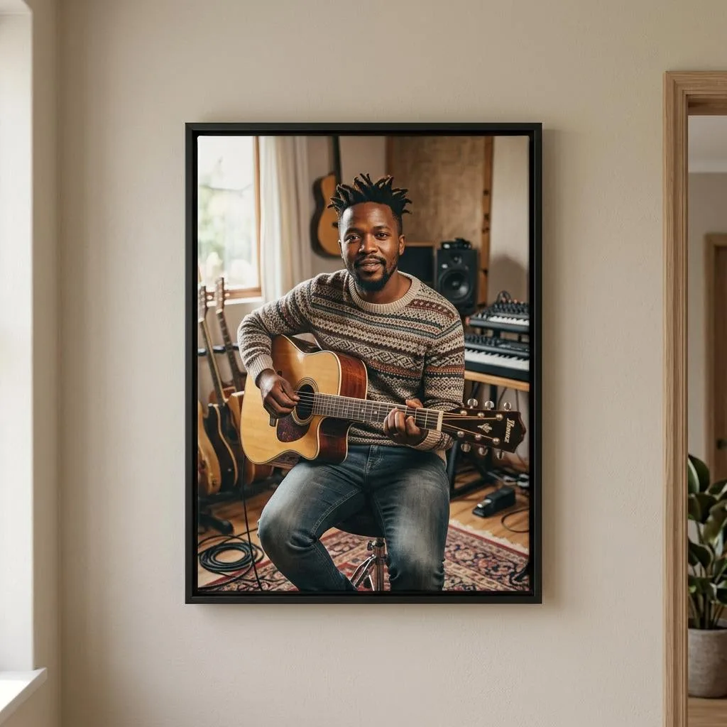 Music and Entertainment canvas printing: Musician with an acoustic guitar printed on framed canvas — illustrative example