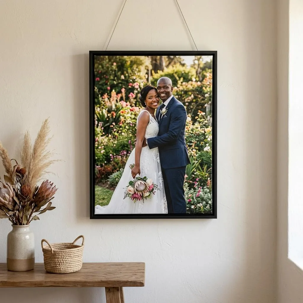 Canvas printing example for Brakpan: Wedding and anniversary printed on a framed canvas, shown complete for Brakpan customers
