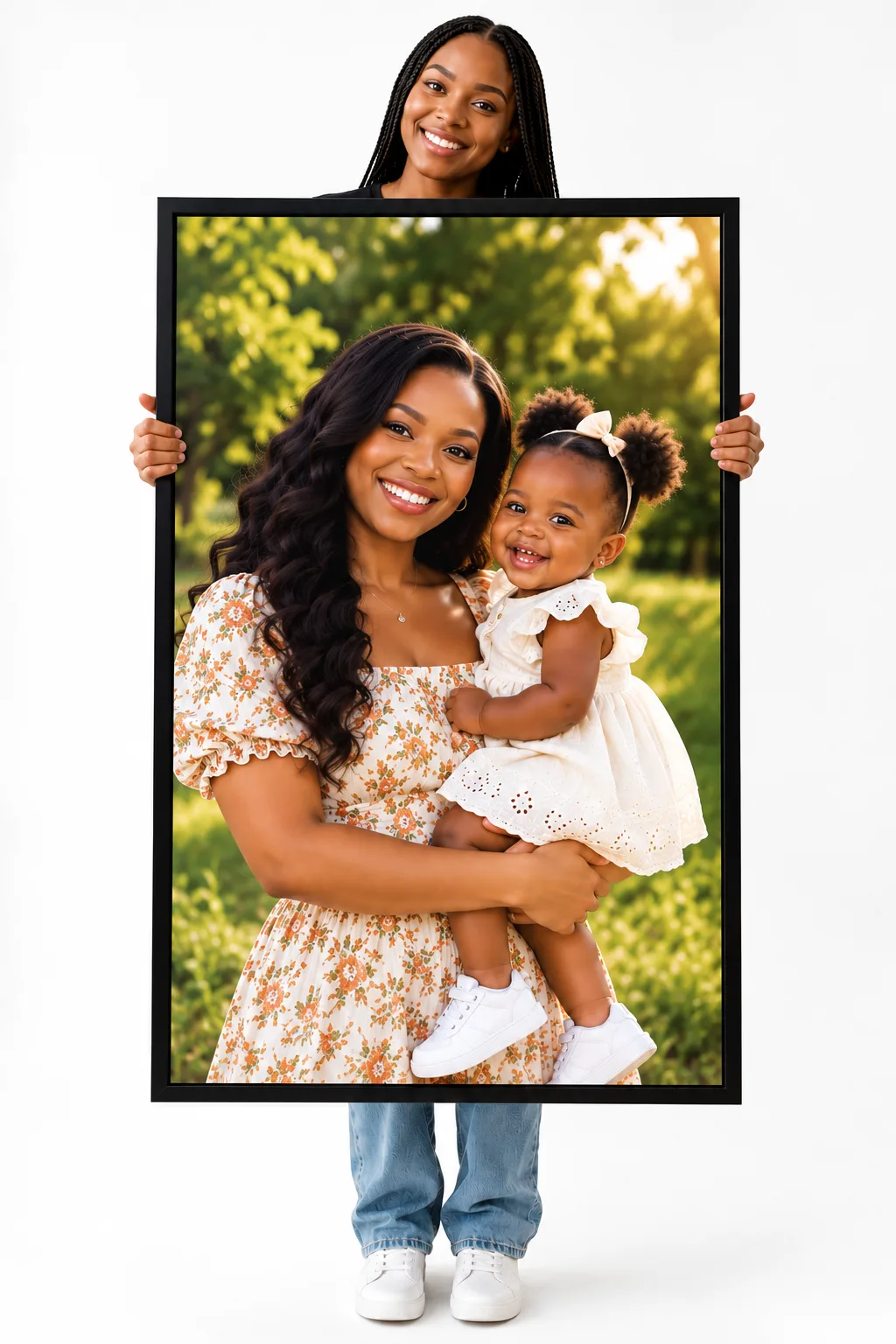 Sibling Birth Announcements canvas printing: Mother and child portrait displayed in a complete black canvas frame — illustrative example